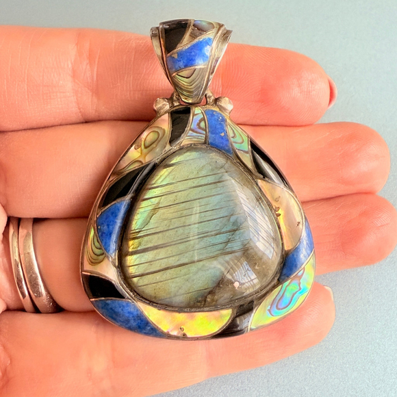 Native Southwestern 25 CT Labradorite Mosaic Inlay Pendant Sterling Silver 925 - Picture 5 of 6